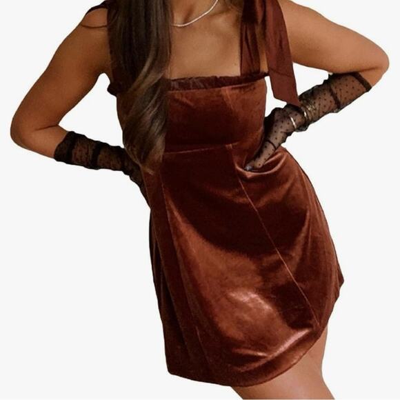 Danielle Bernstein x Macys Velvet Babydoll Mini Dress Brown Size XS - Picture 1 of 6